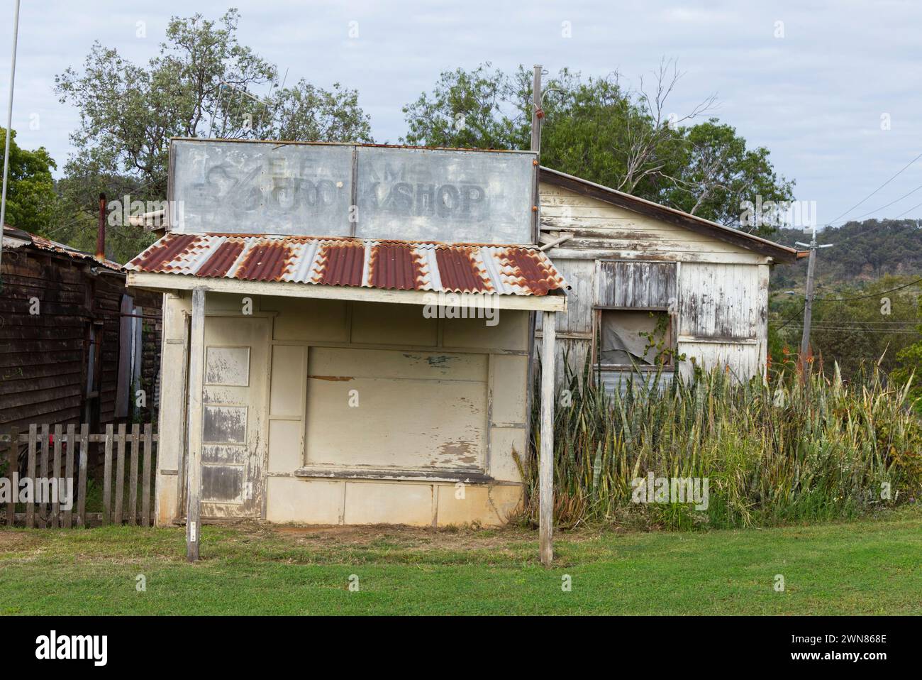 Dilapidated former retail store from the gold rush mining days of Cracow a rural town and locality in the Shire of Banana Queensland Australia. Stock Photo