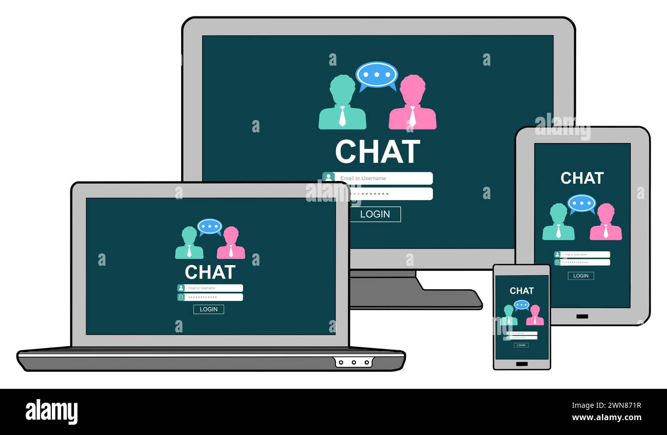 Chat concept shown on different information technology devices Stock Photo