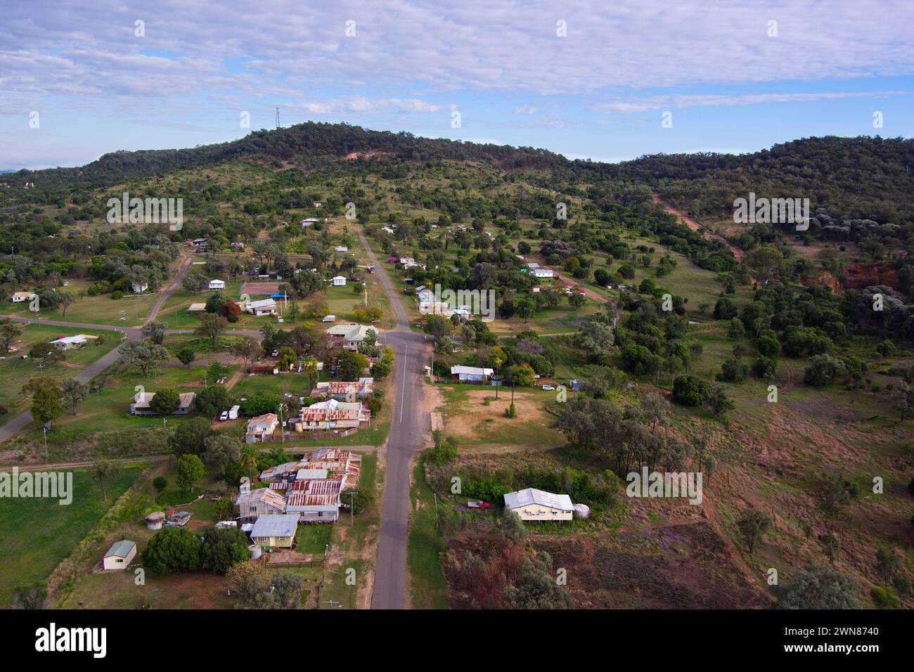 Aerial of Third Ave as it passes through the gold mining village of Cracow Queensland Australia Stock Photo