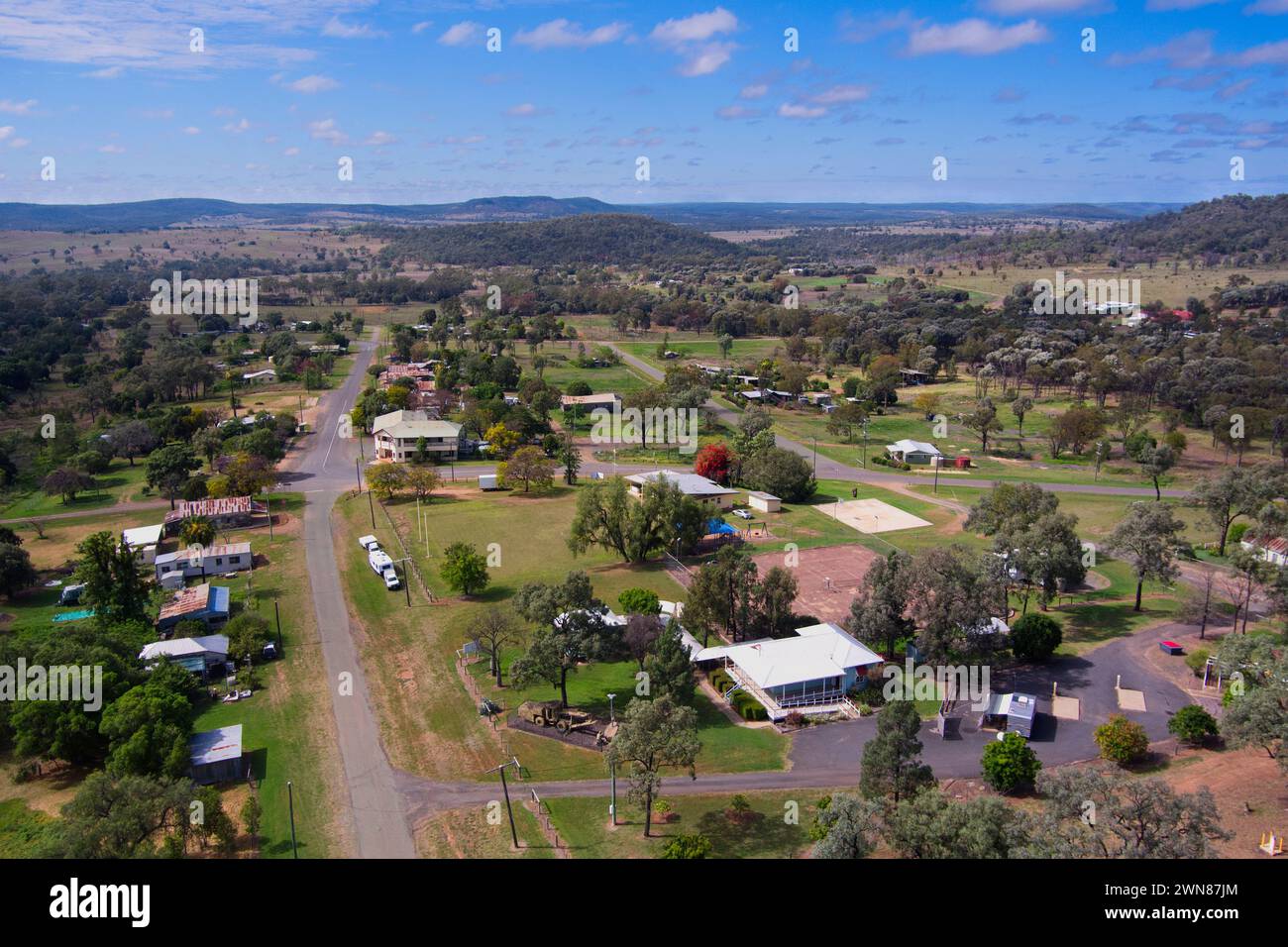 Aerial of Third Ave as it passes through the gold mining village of Cracow Queensland Australia Stock Photo