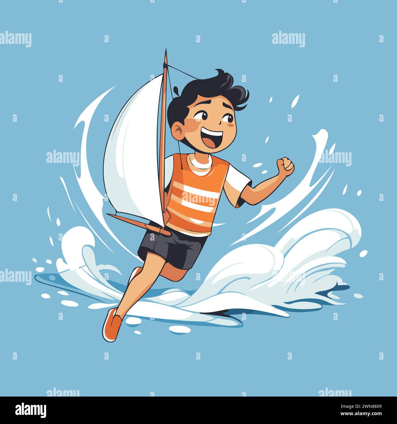 Happy boy jumping from windsurf board. Vector cartoon illustration. Stock Vector