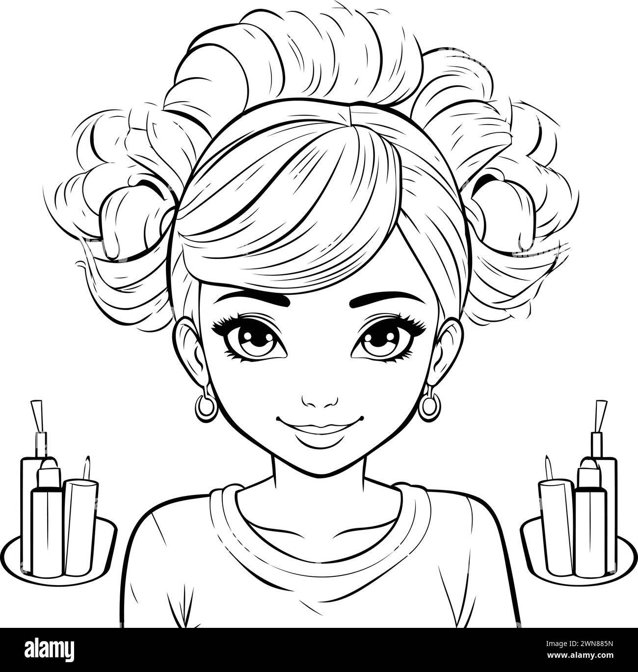 Beautiful young woman with hair curlers and nail polish. Vector illustration. Stock Vector