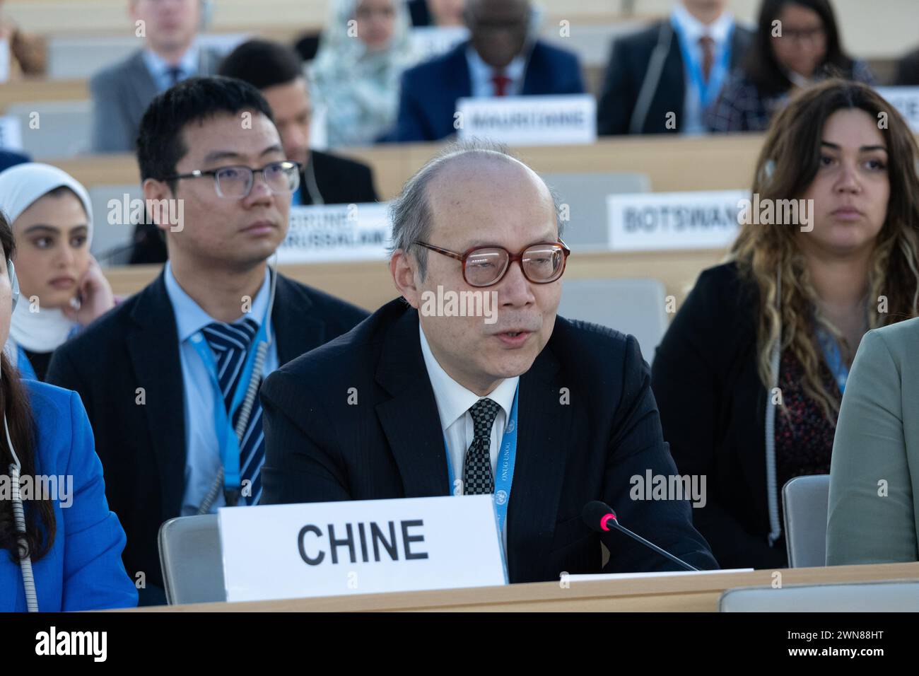 (240301) -- GENEVA, March 1, 2024 (Xinhua) -- Chen Xu, permanent representative of China to the United Nations (UN) Office in Geneva and other international organizations in Switzerland, speaks during the 55th session of the UN Human Rights Council in Geneva, Switzerland, Feb. 29, 2024. As the Gaza Strip is facing an unparalleled humanitarian crisis, an immediate ceasefire is the urgent demand of the global community and a fundamental necessity for achieving peace, Chen said while elaborating on China's position on the situation between Palestine and Israel at the 55th session of the UN Human Stock Photo