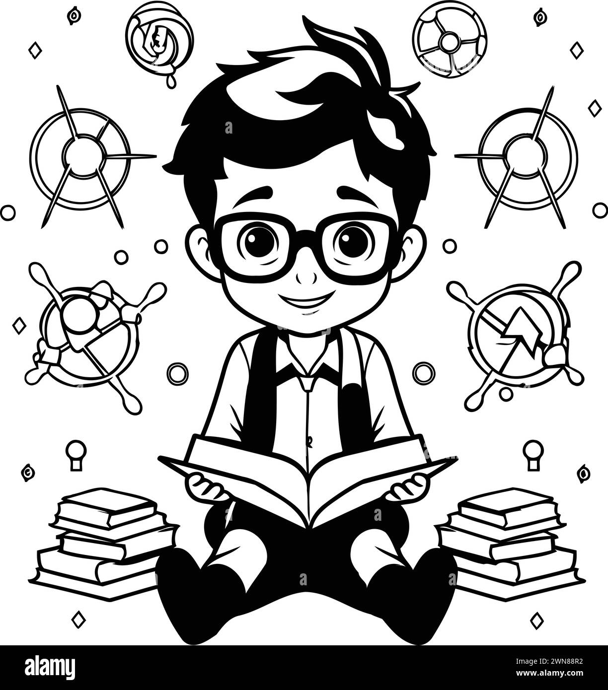 Vector illustration of a boy with glasses reading a book. Cartoon ...