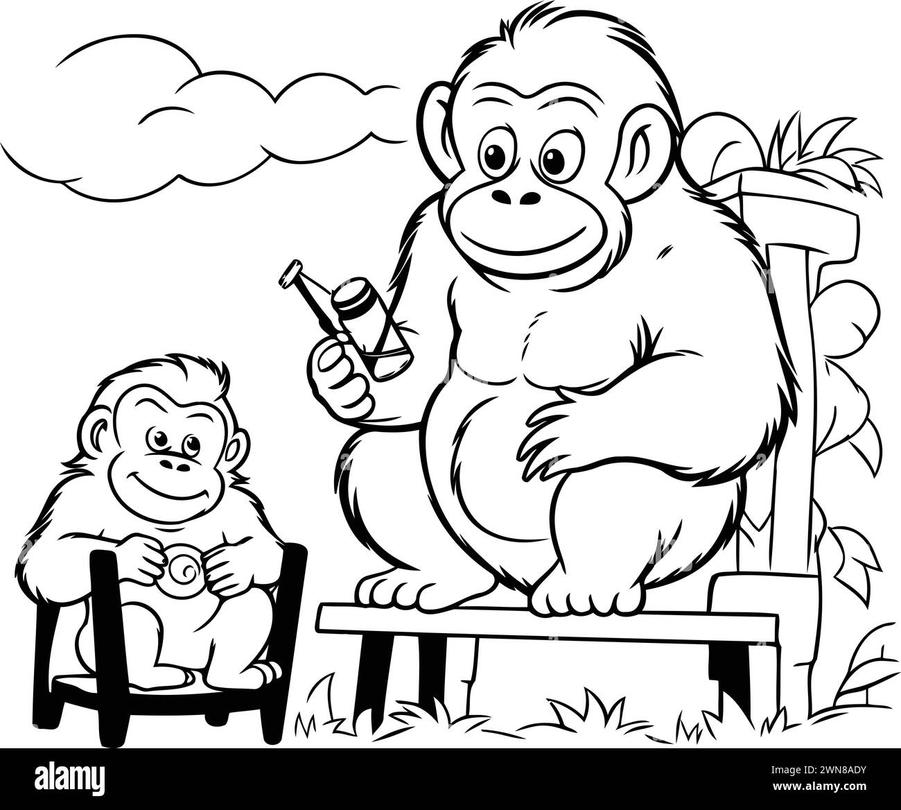 Monkey and monkey sitting on a bench. Vector illustration for coloring