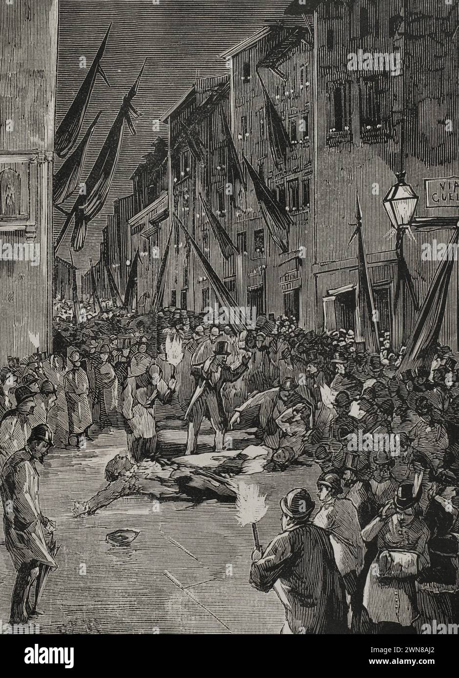 Florence, Italy. Explosion of an Orsini bomb in Via Guelfa, thrown into a crowd of spectators gathered during a monarchist demonstration on 18 November 1878. Engraving. La Ilustración Española y Americana (The Spanish and American Illustration), 1878. Stock Photo