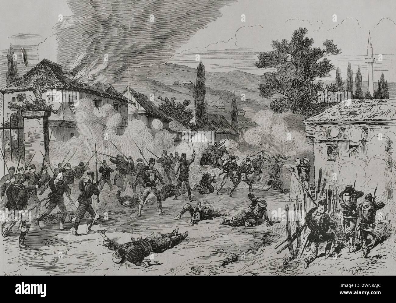 Austro-Hungarian campaign in Bosnia and Herzegovina (29 July to 20 October 1878). Bosnian uprising. Sarajevo, 19 August 1878. Street fighting between Austro-Hungarian troops and insurgents. Episode on the main street, where women and wounded insurgents also took part in the fighting. Engraving by Ovejero. La Ilustración Española y Americana (The Spanish and American Illustration), 1878. Stock Photo