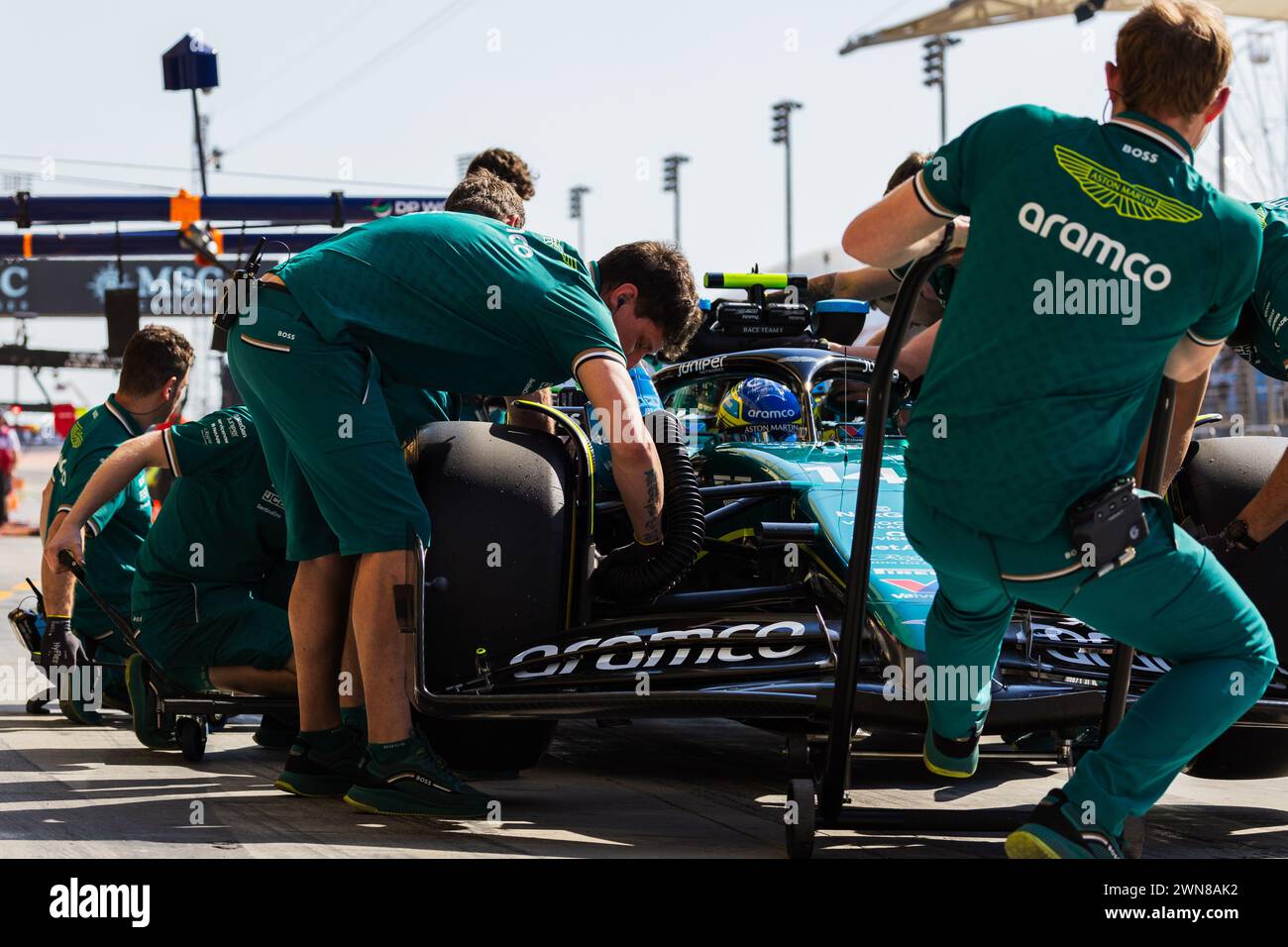 MANAMA, BAHRAIN, Bahrain International Circuit, 29.Feb.2024: Fernando Alonso of Spain and Aston Martin Aramco Cognizant F1 Team during Formula One Bah Stock Photo