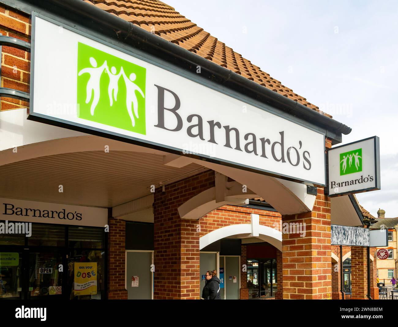 Barnardo's charity shop signs, Stowmarket, Suffolk, England, UK Stock Photo