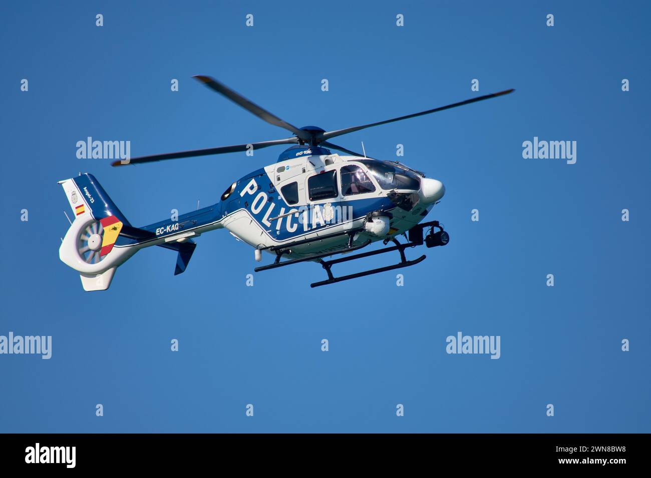 Vigo, Galicia, Spain; May,04,2021; The Angel23 helicopter of the National Police patrols the skies of Vigo daily Stock Photo