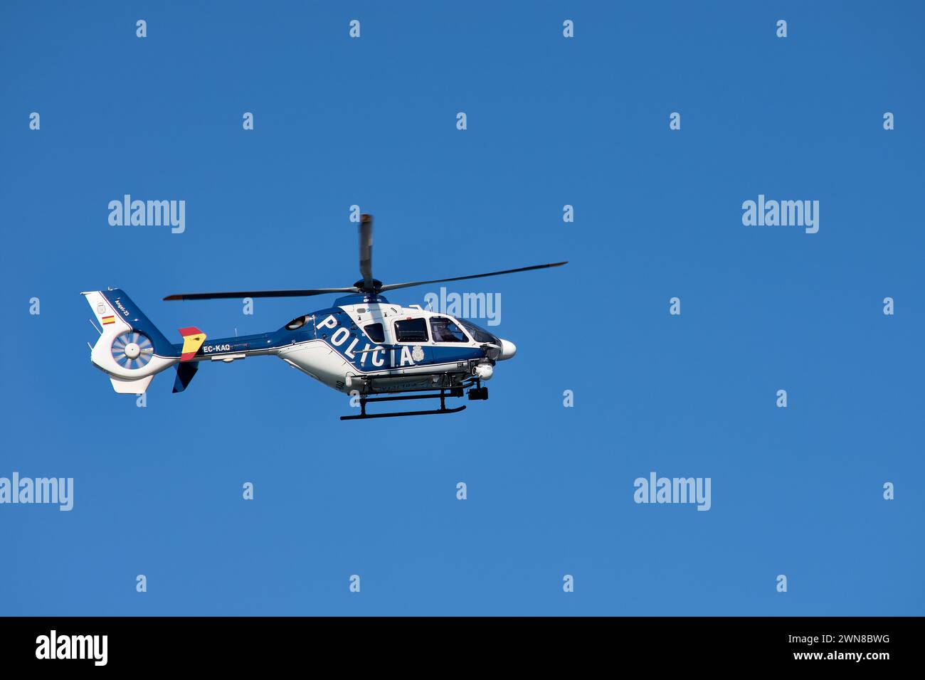 Vigo, Galicia, Spain; May,04,2021; The Angel23 helicopter of the National Police patrols the skies of Vigo daily Stock Photo