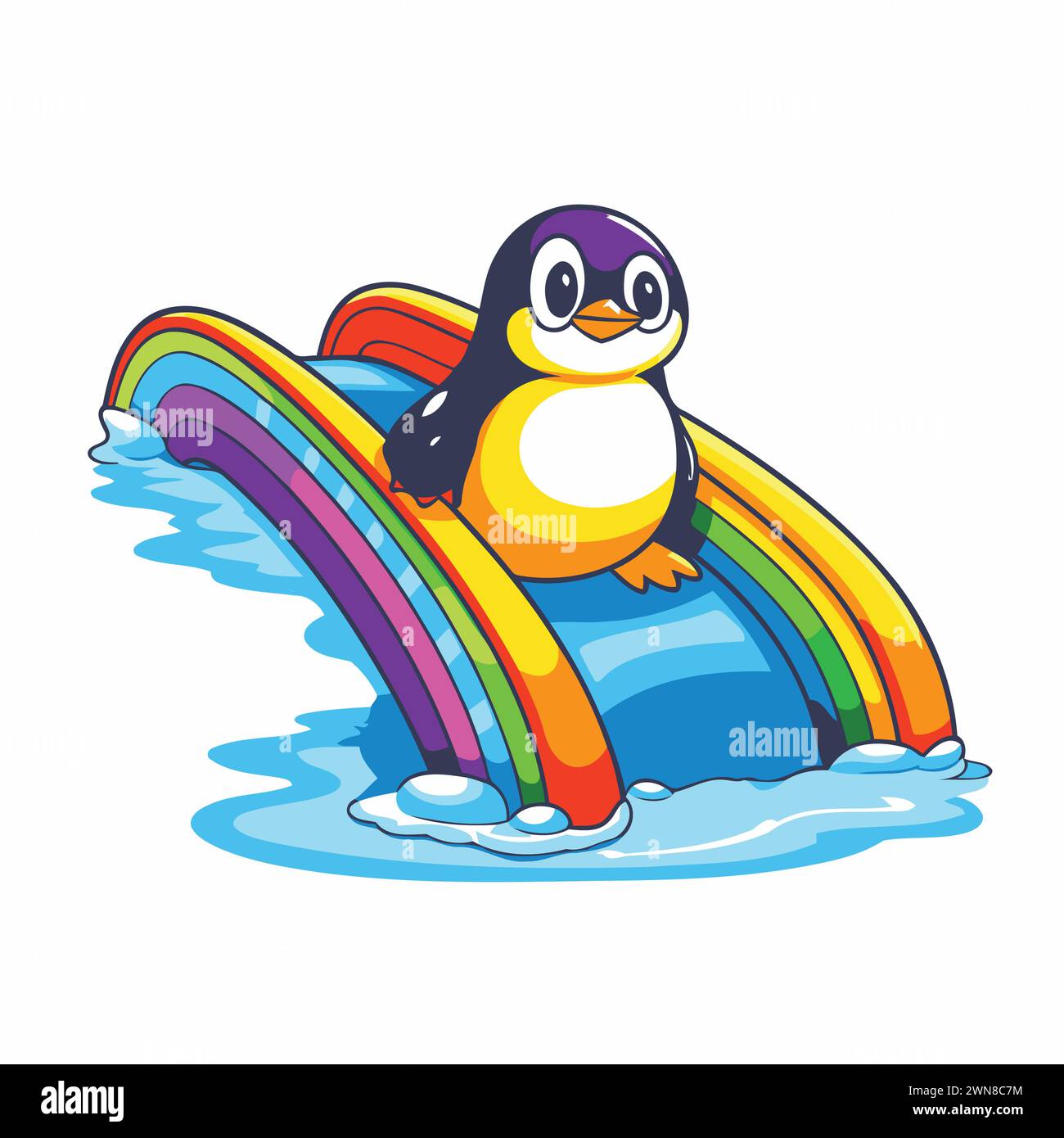 Cute cartoon penguin swimming on a rainbow. Vector illustration Stock