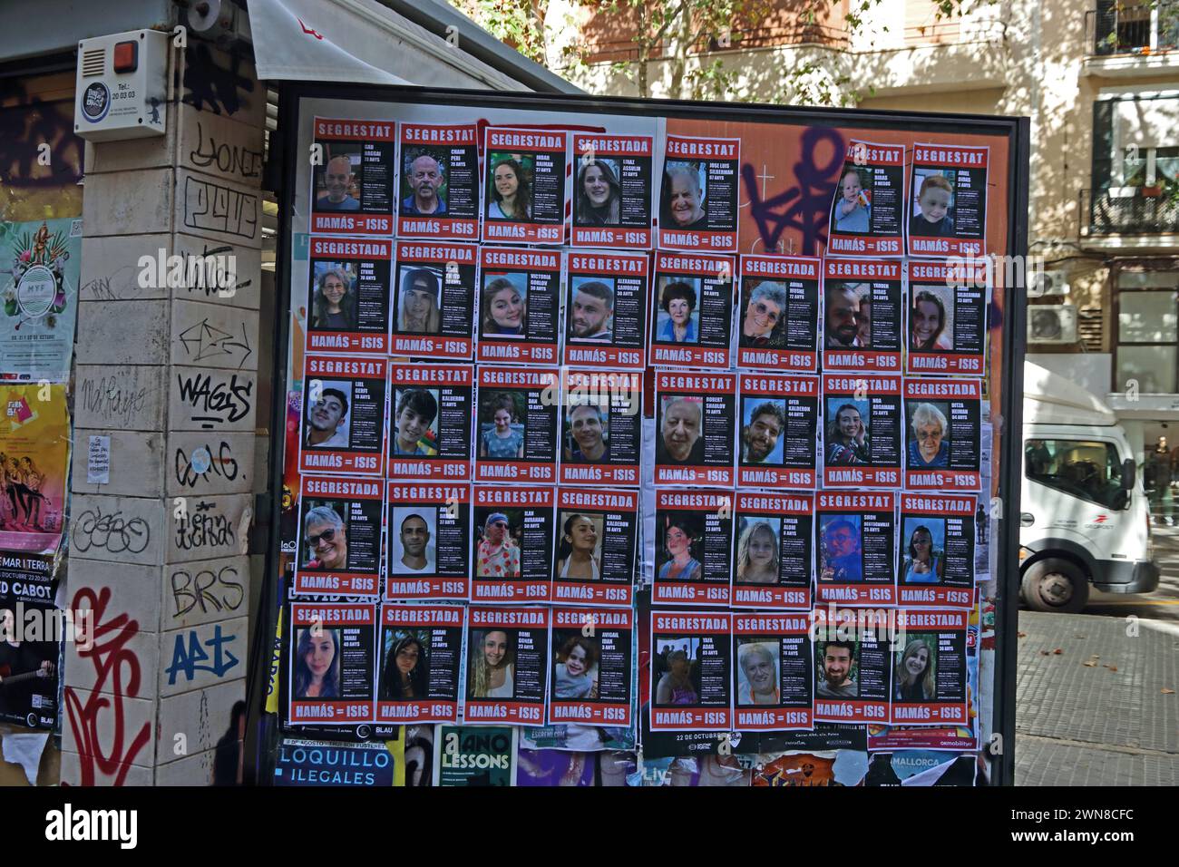 Photos of Israeli hostages taken by Hamas 7th October 2023 displayed in Palma Stock Photo