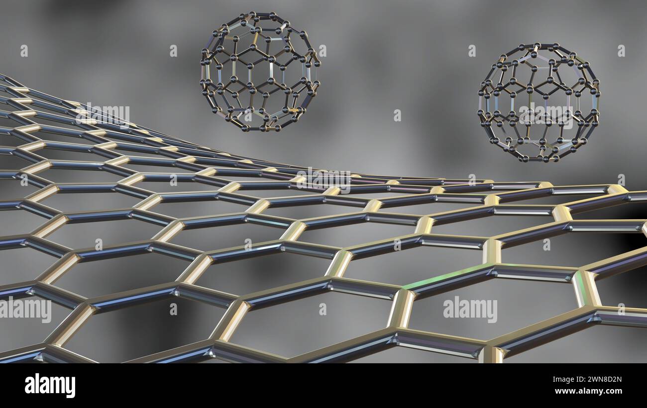carbon nanostructure called fullerene on the black background 3d rendering Stock Photo
