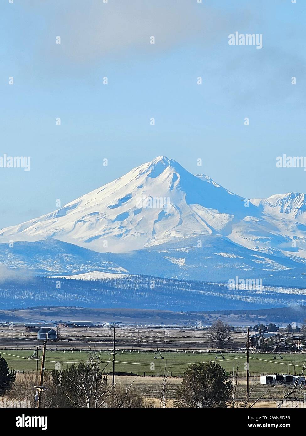 The massive snowy Mount Shasta towering over houses in a field Stock Photo