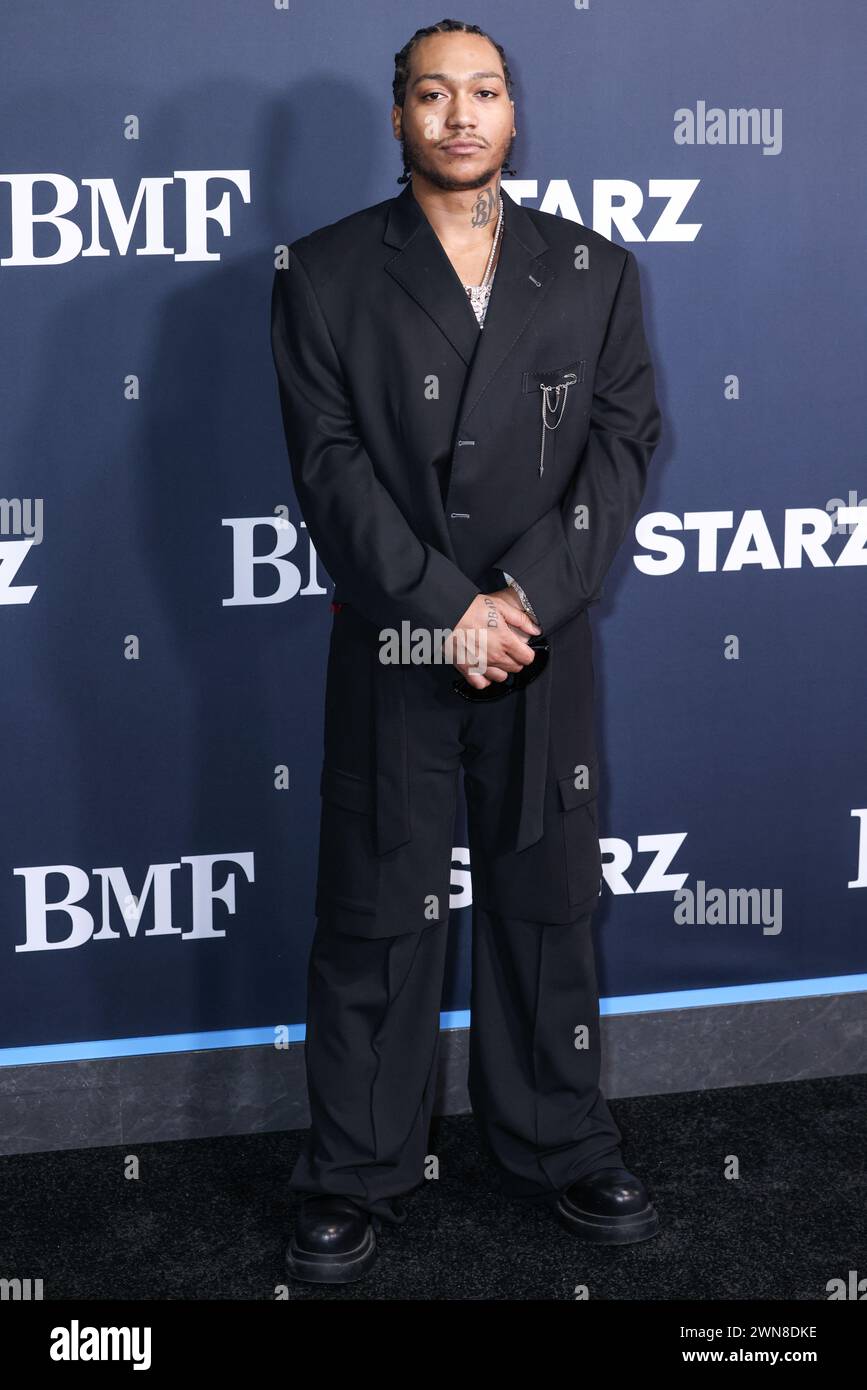 Hollywood, United States. 29th Feb, 2024. HOLLYWOOD, LOS ANGELES, CALIFORNIA, USA - FEBRUARY 29: Lil Meech arrives at the Los Angeles Premiere Of STARZ' 'BMF' (Black Mafia Family) Season 3 held at the Hollywood Athletic Club on February 29, 2024 in Hollywood, Los Angeles, California, United States. (Photo by Xavier Collin/Image Press Agency) Credit: Image Press Agency/Alamy Live News Stock Photo
