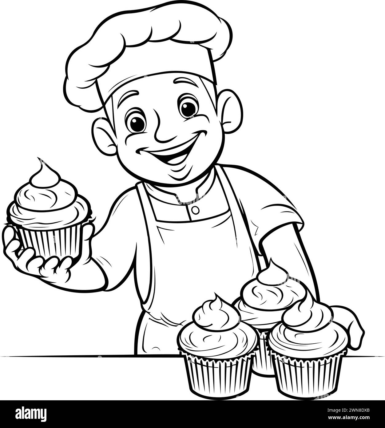 Black and White Cartoon Illustration of Little Boy Chef with Cupcakes for Coloring Book Stock Vector
