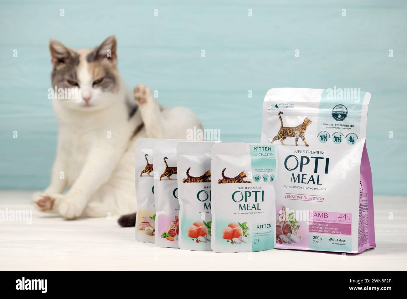 KHARKIV, UKRAINE JANUARY 2, 2021 Optimeal cat meal packs. Optimeal is