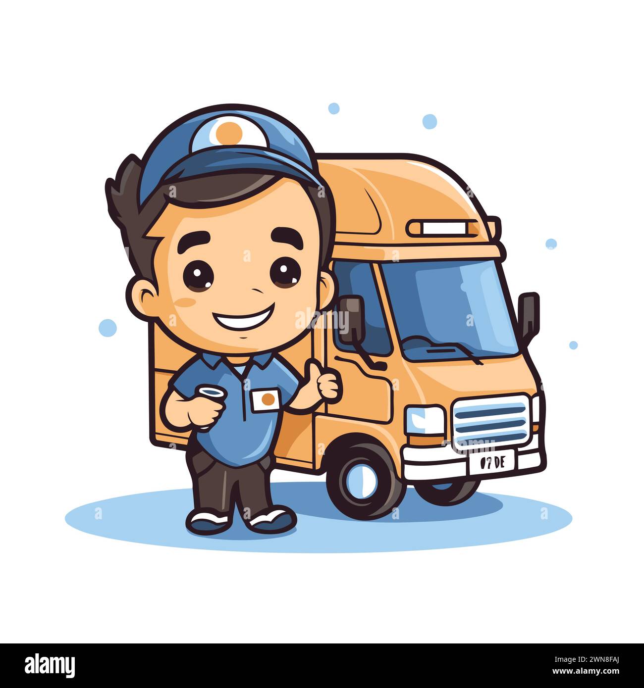 Cute cartoon delivery boy standing next to a truck. Vector illustration ...