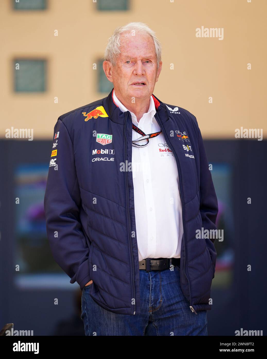 Red Bull Racing consultant Helmut Marko ahead of Practice 3 at the Bahrain International Circuit, Sakhir. Picture date: Friday March 1, 2024. Stock Photo