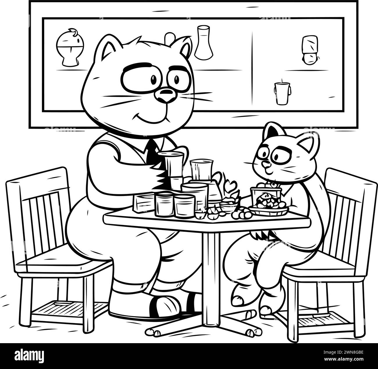 Black and White Cartoon Illustration of Cat Sitting at the Table and Eating Food for Coloring Book Stock Vector