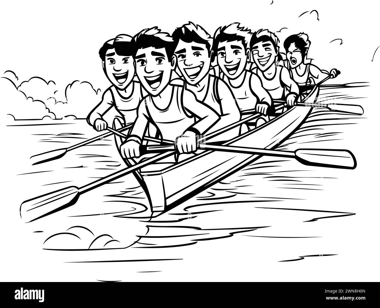 Group of men rowing in a rowboat. Black and white vector illustration ...
