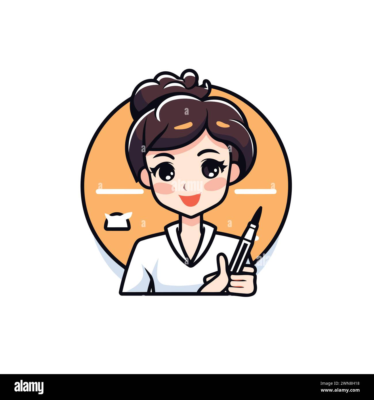 Cartoon girl with pen in hand. Vector illustration on white background ...