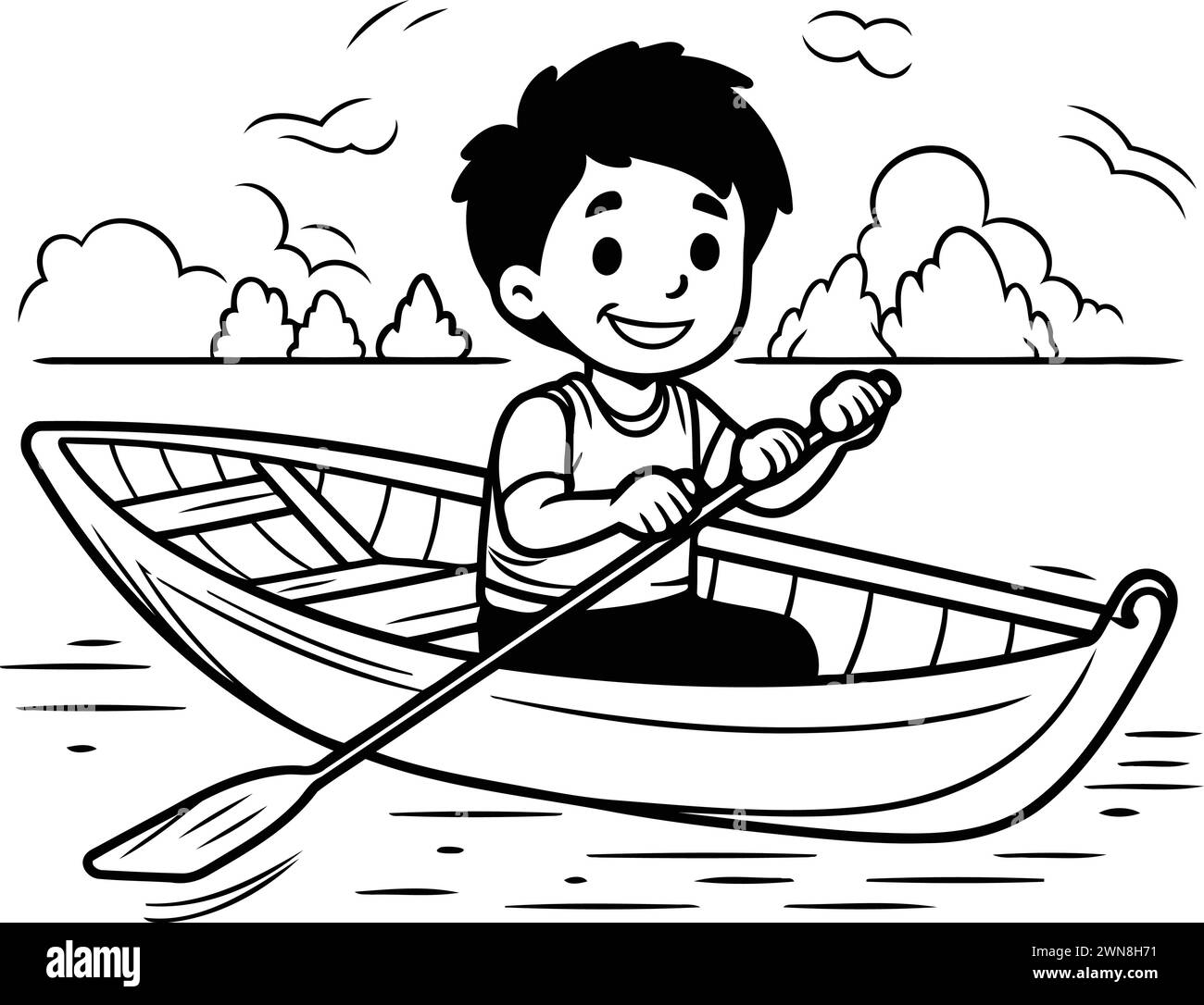 Boy rowing a boat on the lake. black and white vector illustration