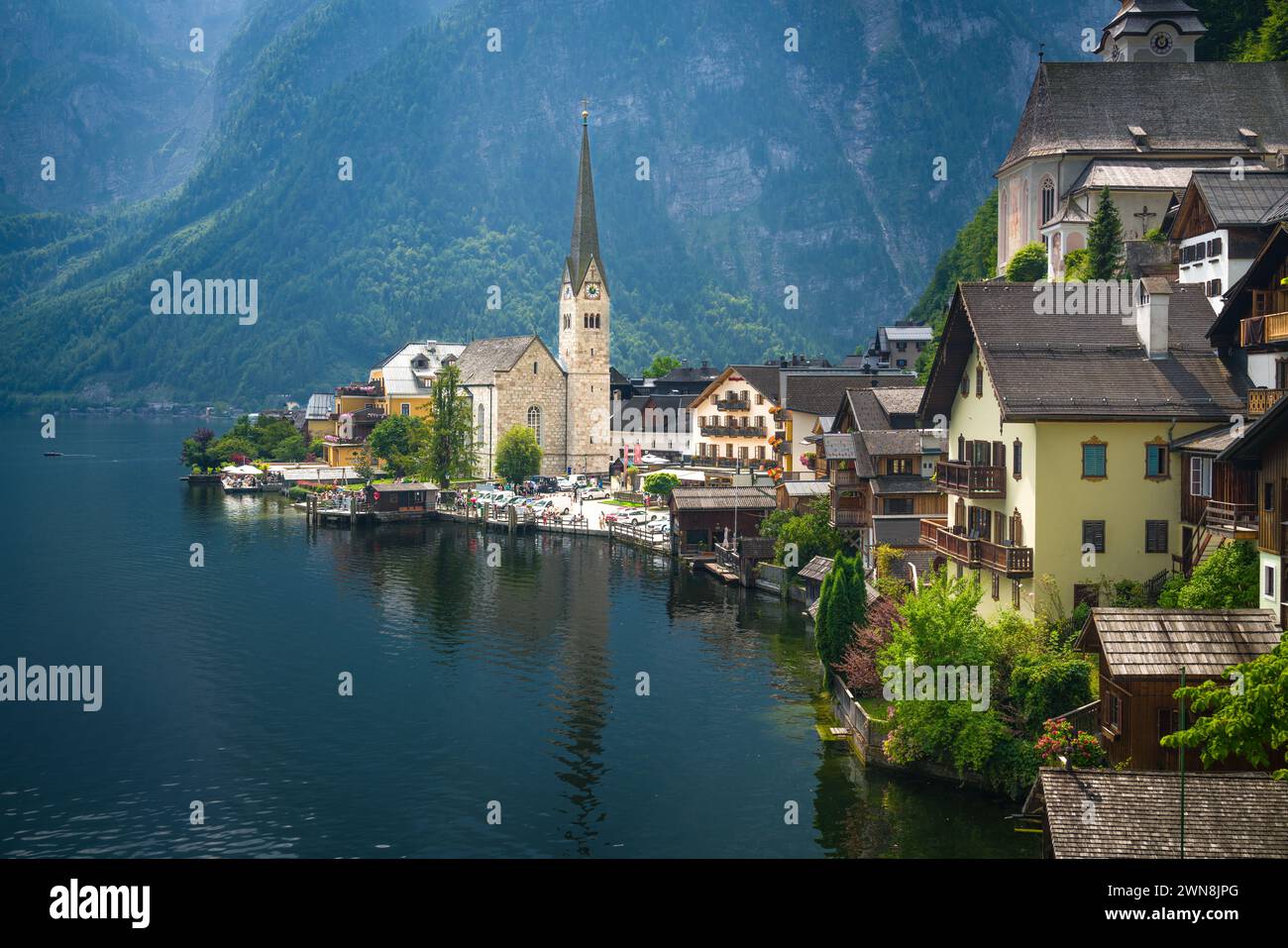 Famous touristic village Hallstatt am See at the Lake Hallstätter See ...