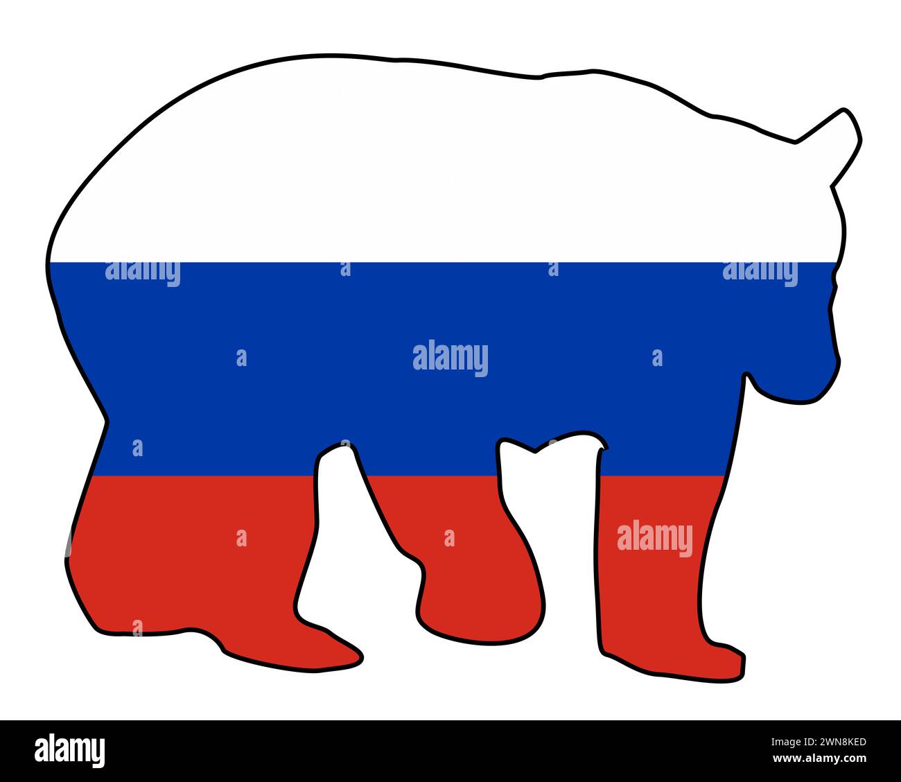 Silhouette of a large Russian bear on the newer Rusian flag of red white and blue stripes Stock Photo