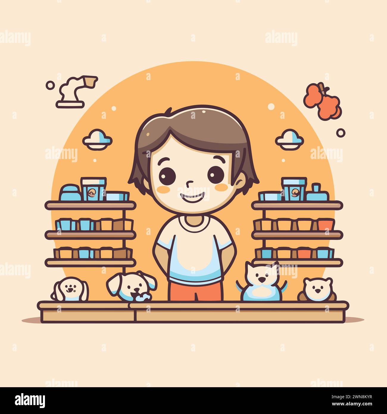 Cute little boy playing with pets in pet shop. Vector illustration Stock Vector