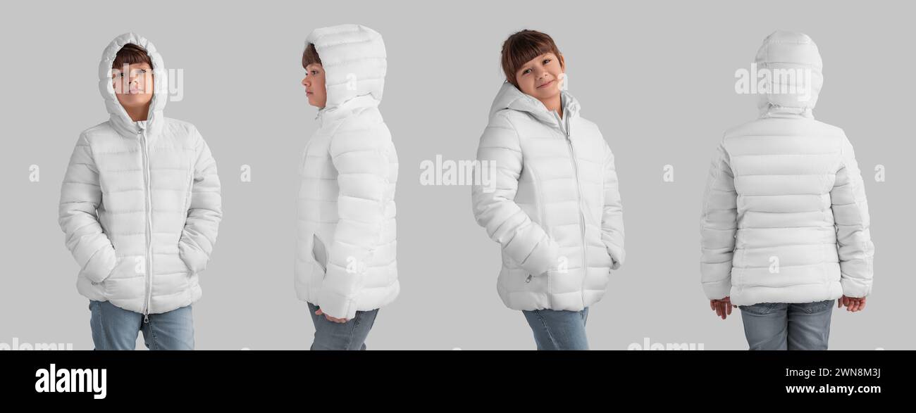 White puffer jacket mockup on a girl, set of warm clothes front, side, back view, for design, print, pattern, branding. Template of fashion outerwear Stock Photo