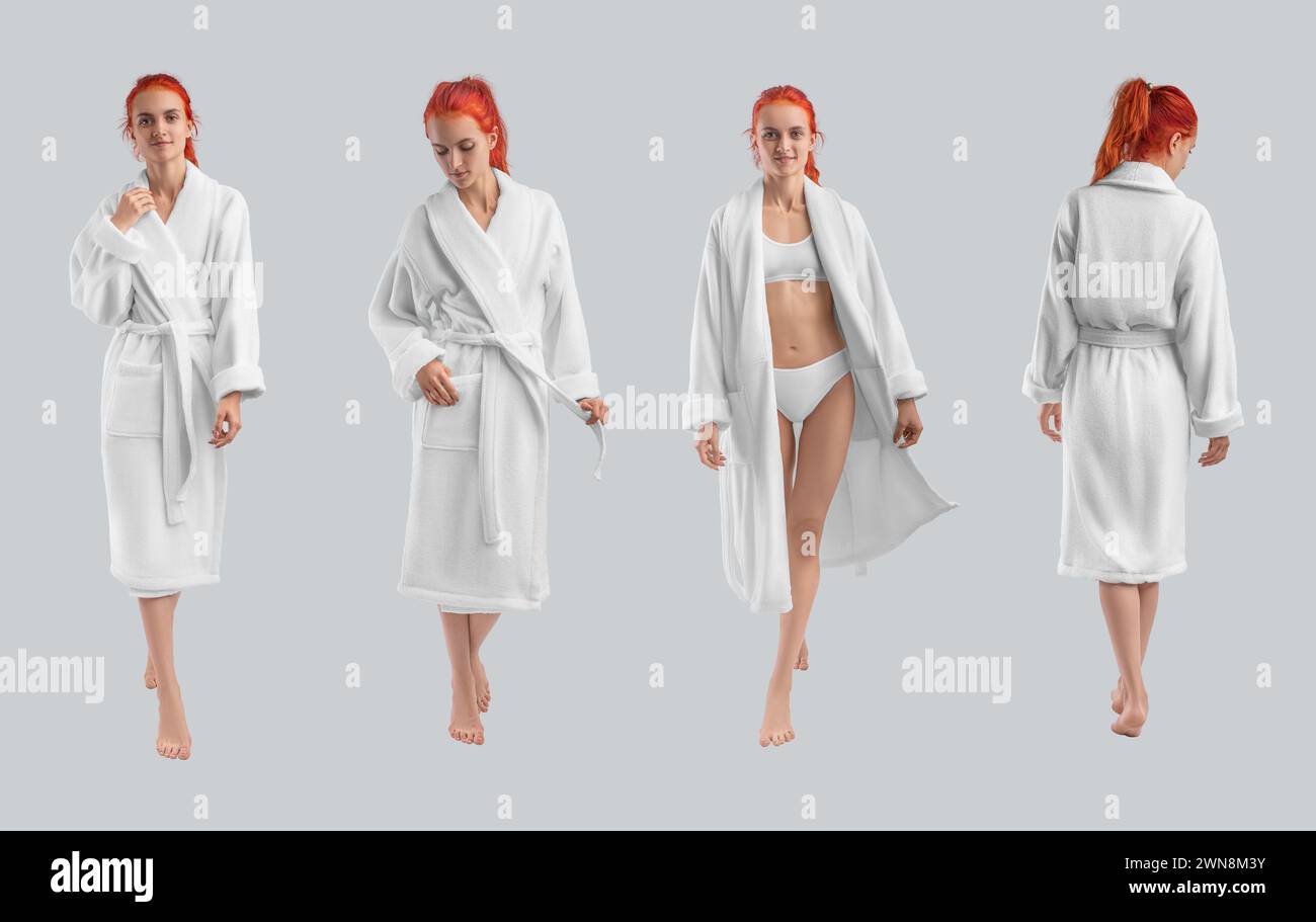 Mockup of white terry bathrobe with belt on beautiful girl, set of warm home clothes isolated on background, front, back view. Template of a female lo Stock Photo
