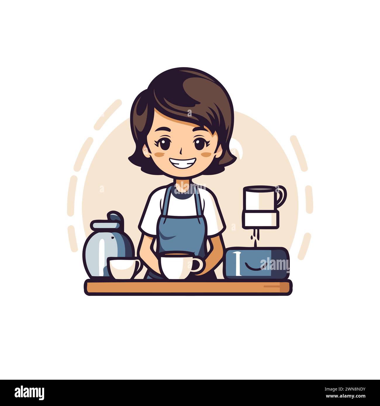 Cute little girl making coffee. Vector illustration in cartoon style