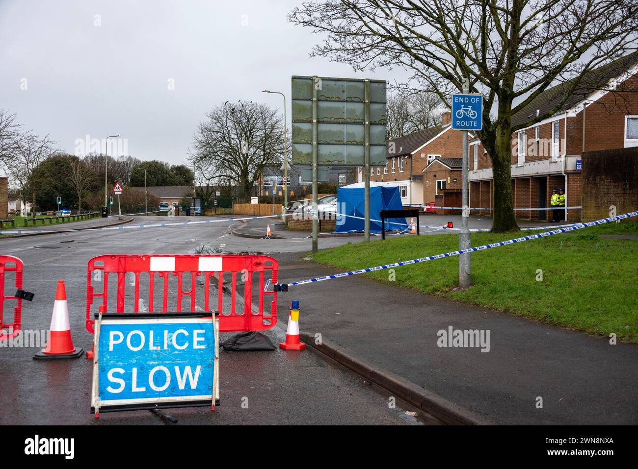 Oxford, March 1st 2024. Police have closed Bayswater Road and parts of other nearby roads in Barton, a suburb of Oxford, after a stabbing incident just before midnight on 29th February. A man has been arrested. Credit: Martin Anderson/Alamy Live News Stock Photo