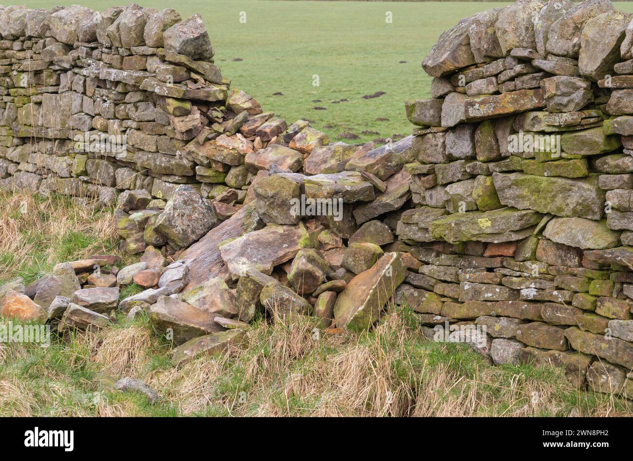 Collapsed dry stone wall Stock Photo