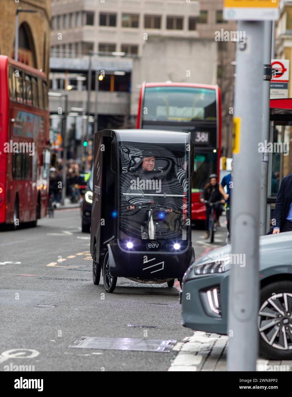 An Eav cargo bike on the streets of London near London Bridge. Electric