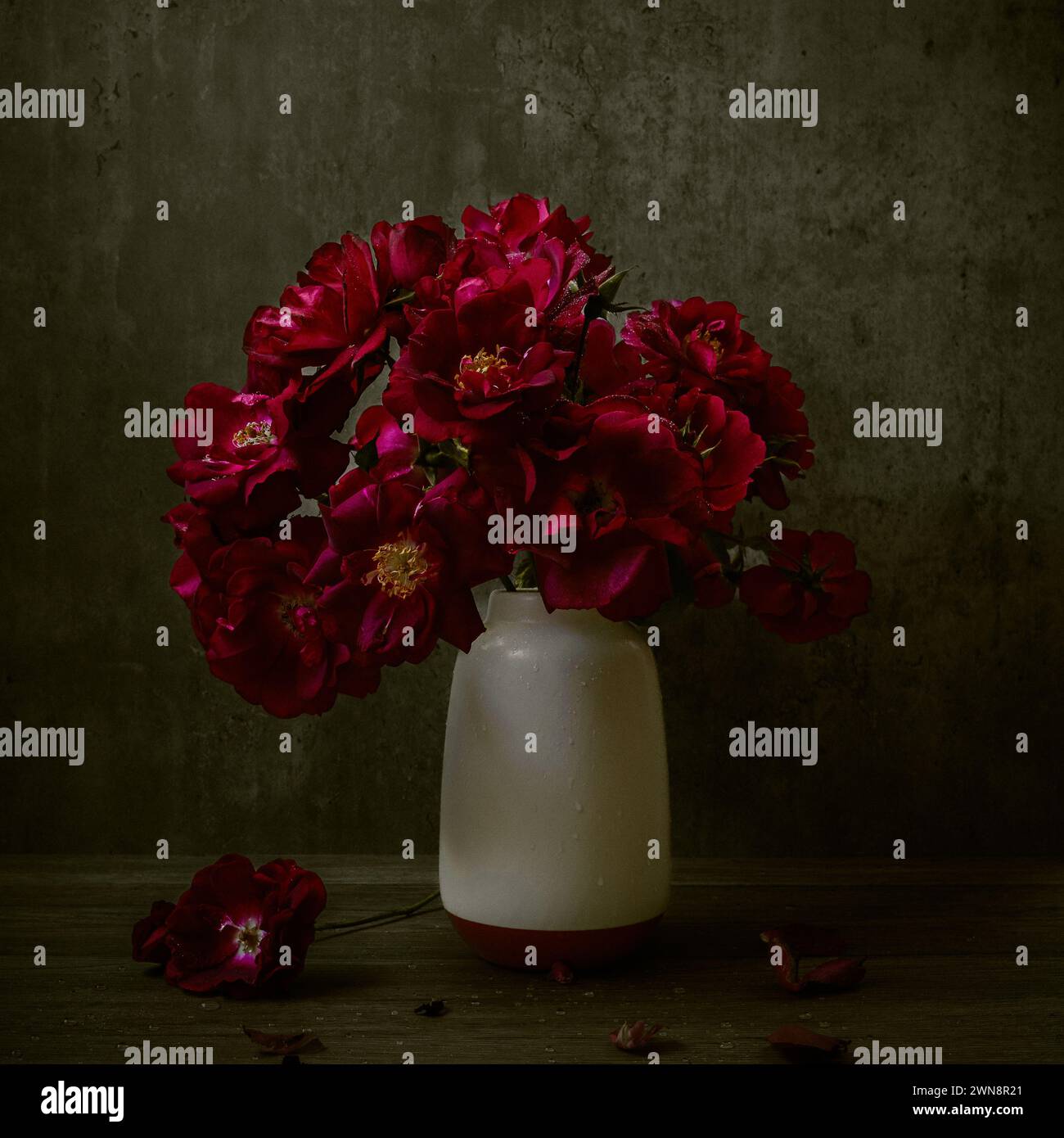 Moody Bouquet of Wild Roses Against Cement Backdrop Stock Photo - Alamy