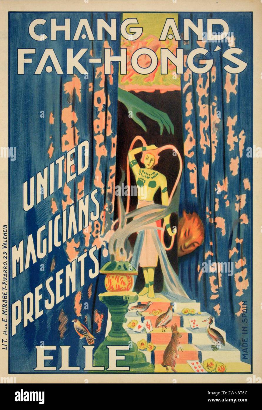 Vintage Magician Performer Posters. Chang and Fak-Hong's United Magicians Presents ELLE.   Circa 1930s Stock Photo