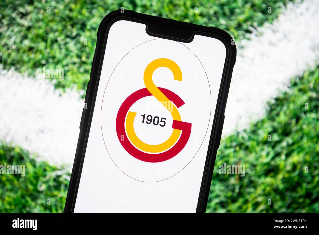Poland. 23rd Feb, 2024. In this photo illustration, a Galatasaray Istanbul football club logo seen displayed on a smartphone. (Credit Image: © Mateusz Slodkowski/SOPA Images via ZUMA Press Wire) EDITORIAL USAGE ONLY! Not for Commercial USAGE! Stock Photo