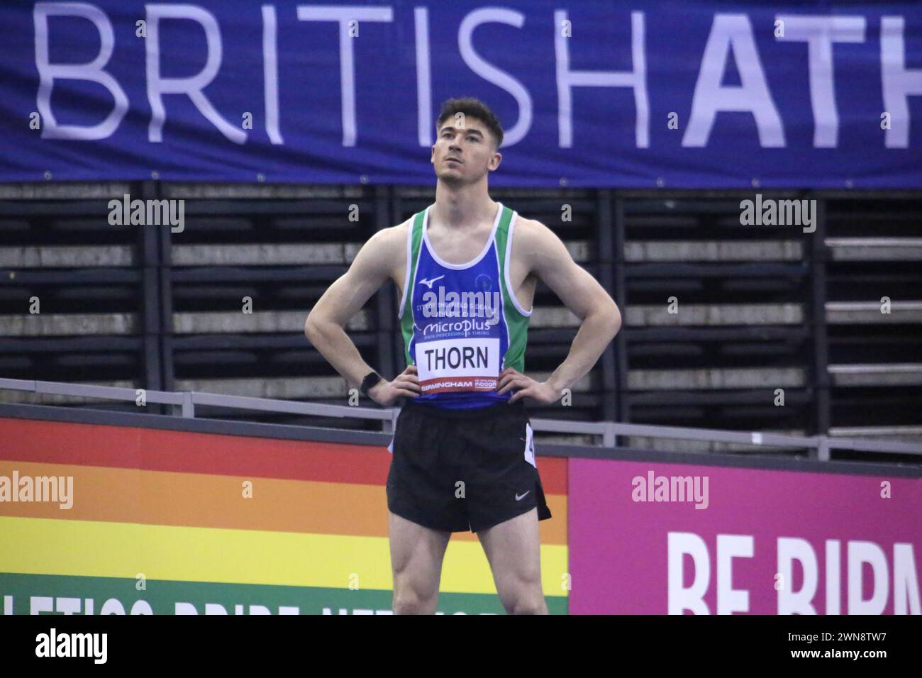 Birmingham, England 17th February 2024 Microplus UK Athletics Championships @ the Utilita Arena - Birmingham Saturday The Championships will also serve as the Official Trial event for athletes to book their place at the World Athletics Indoor Championships in Glasgow in March 2024. Lewis Thorn 400m runner  Ged Noonan/Alamy Stock Photo