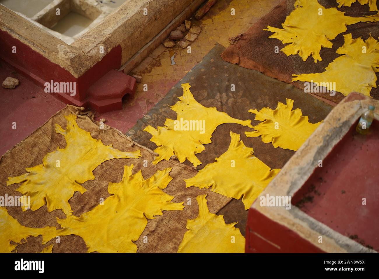 Yellow tanned leather sun drying after dye from above on balcony Stock Photo