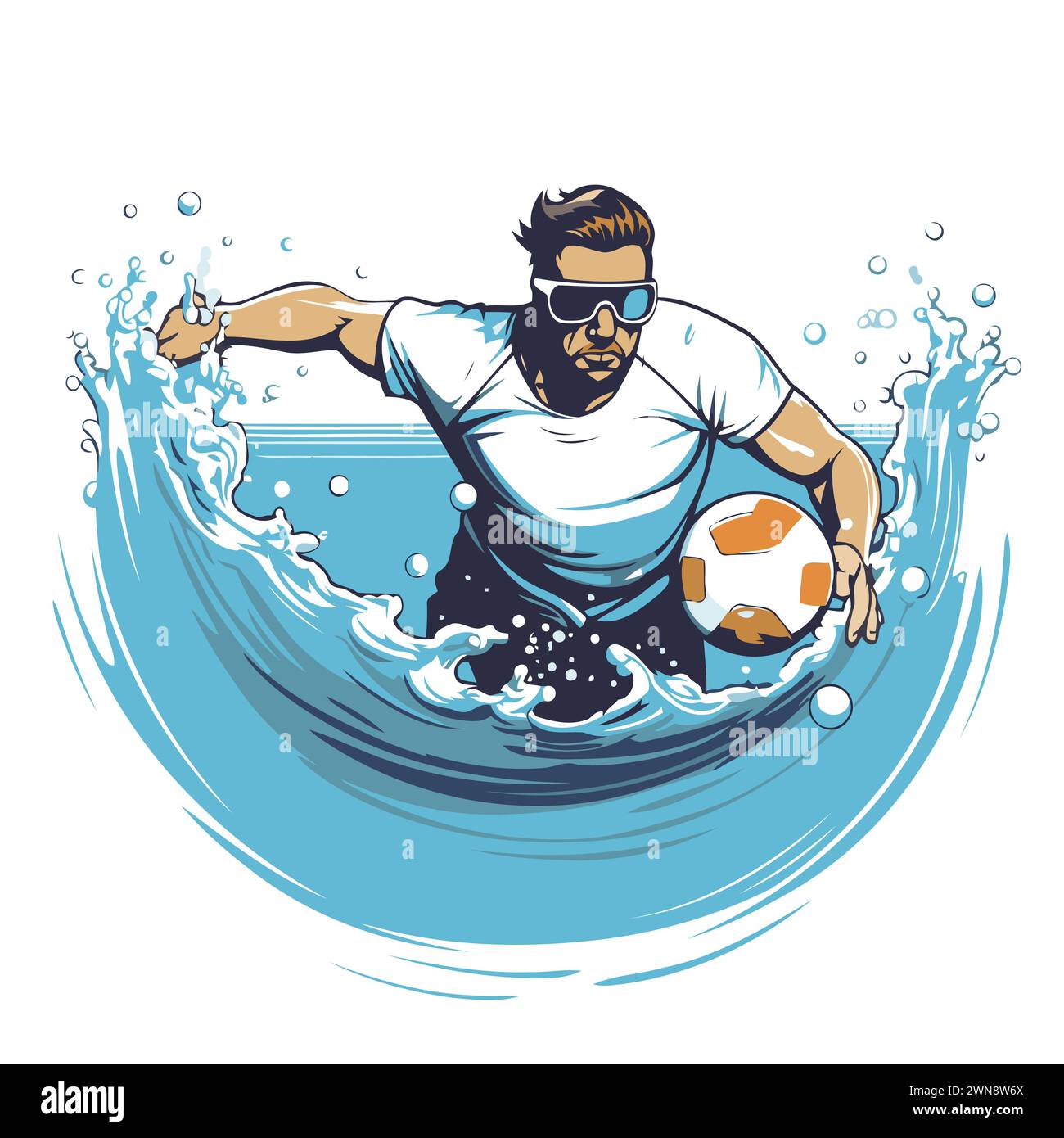 Bearded man with a soccer ball on the water. Vector illustration Stock Vector