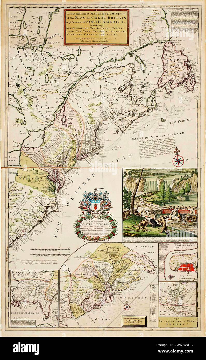 Vintage Map of 'A New and Exact Map of Dominions of the King of Great Britain on ye Continent of North America.   By  Herman Moll Geographer. 1715, Stock Photo