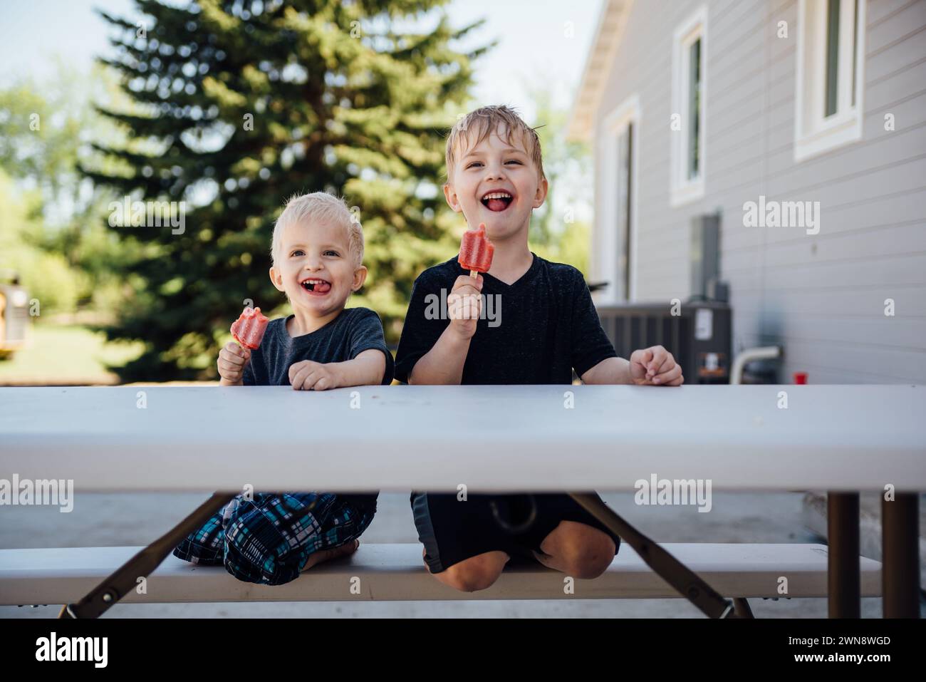 Two boys sitting on picnic table making silly faces with popsicles. Stock Photo