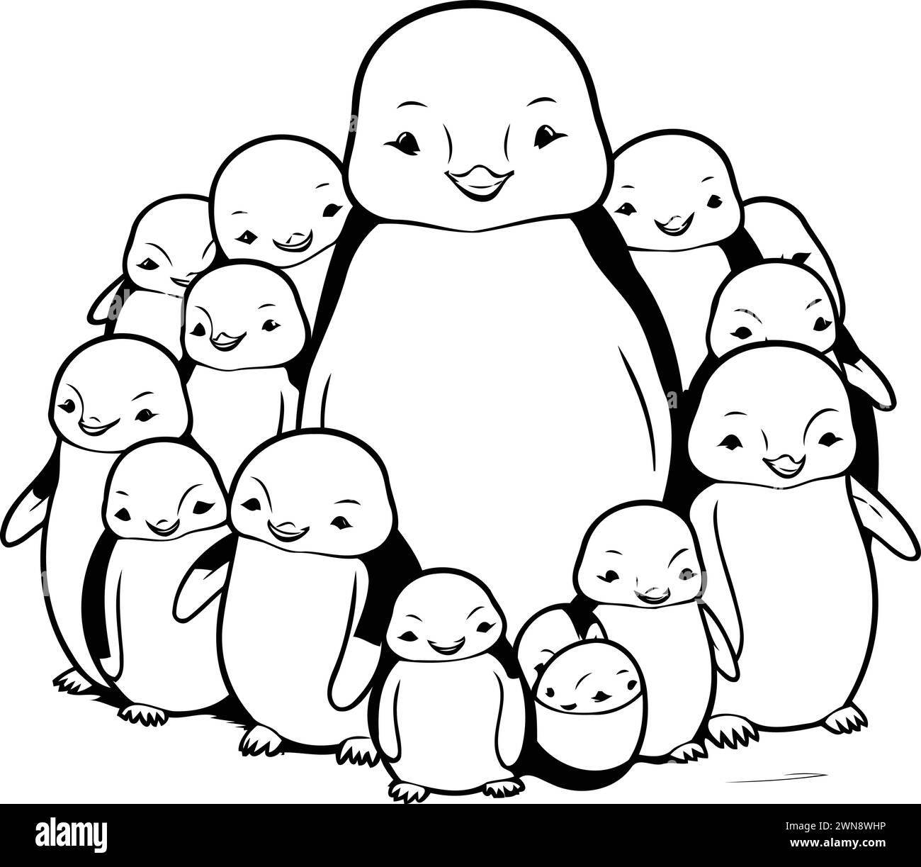 Penguin family. Black and white vector illustration for coloring book