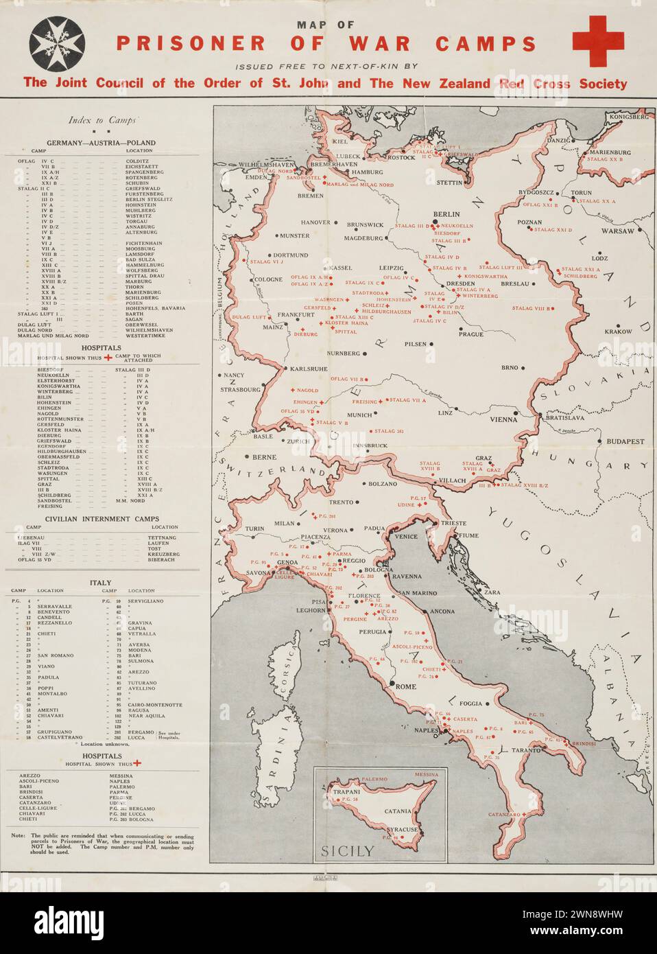 Vintage Map of European Prisoner of War Camps, issued by Order of St,John and Red Cross Society , New Zealand. 1942 Stock Photo