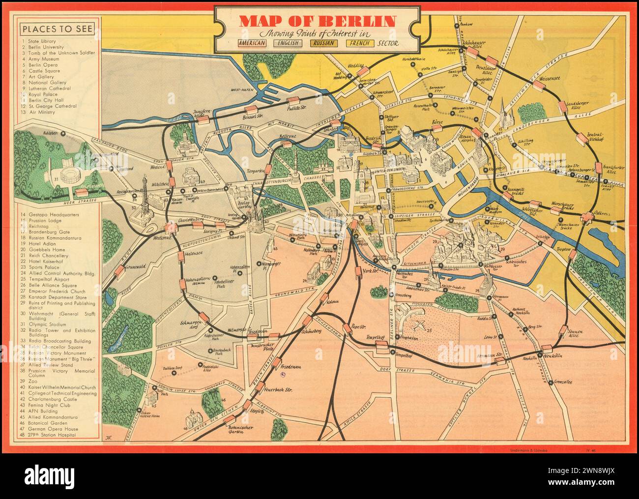 Vintage Map of Berlin, showing points of Interest in American, English, Russia, French sectors, with different  colours for each sections. 1940s.  by Lindemann & Ludecke Stock Photo