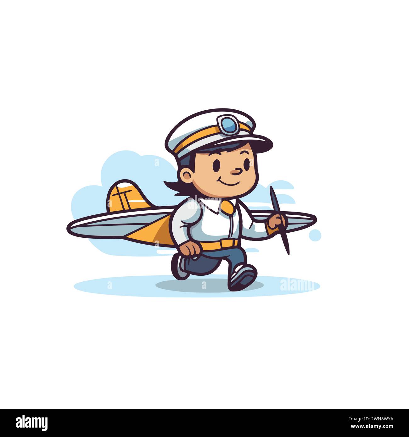 Cartoon pilot with airplane isolated on white background. Vector illustration. Stock Vector