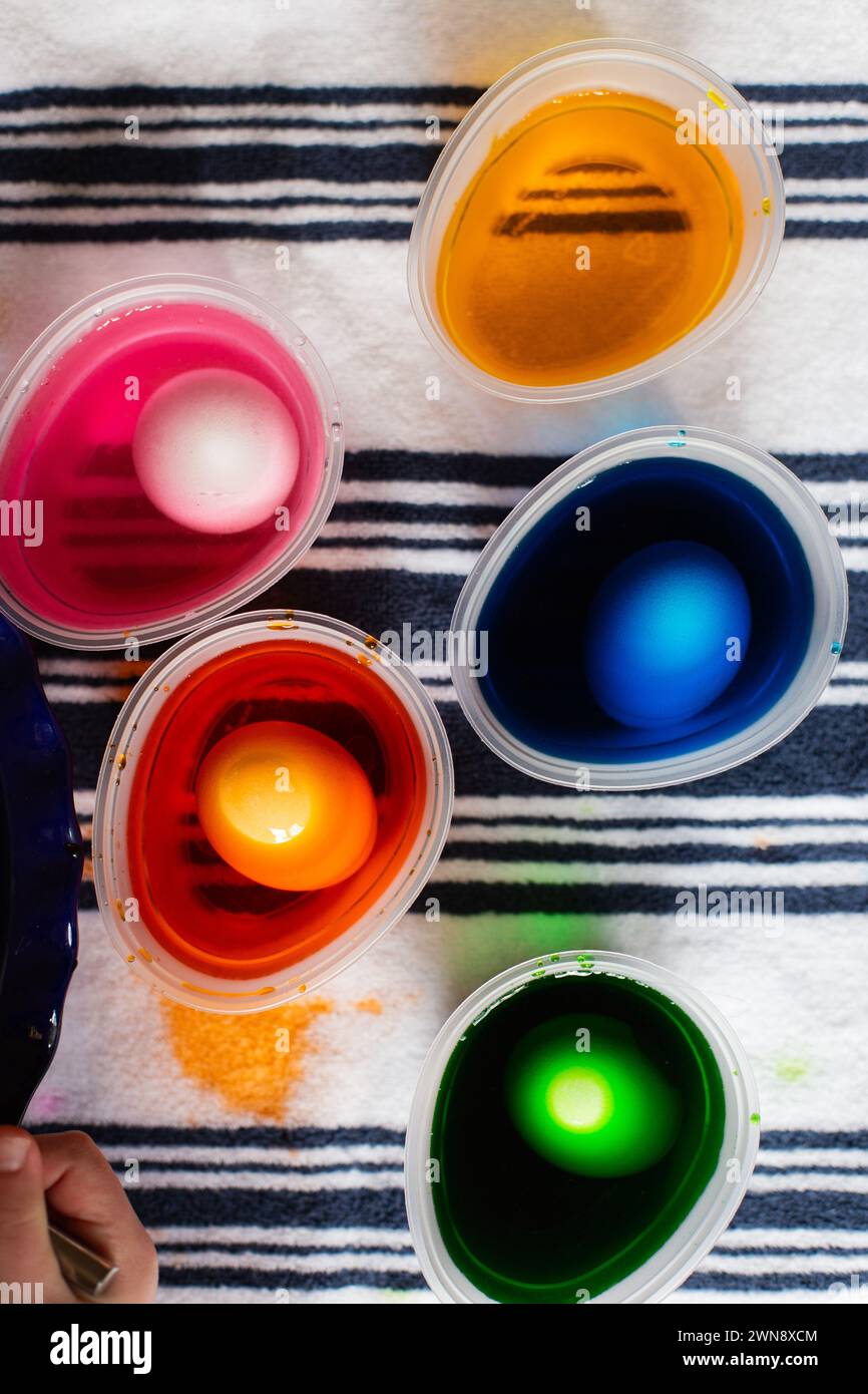 Eggs dyed in food coloring for Easter in plastic cups Stock Photo